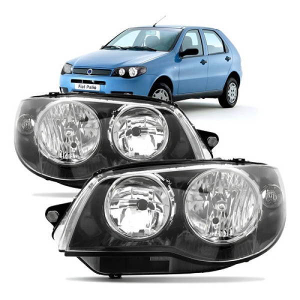 Par Farol Mascara Negra Palio Zoiao 2004 A 2013 Aro Cromado Ambos Lados